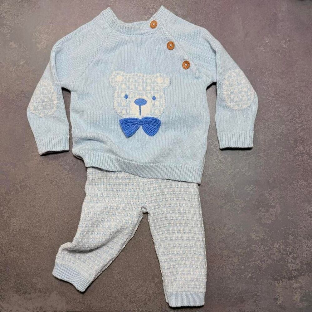 Rock-a-bye Baby Blue Bear Knit Sweater + Pants Outfit Set 3-6M